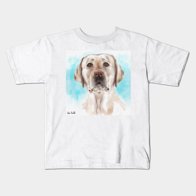 Watercolor Portrait of a Curious Yellow Labrador on a Light Blue Background Kids T-Shirt by ibadishi